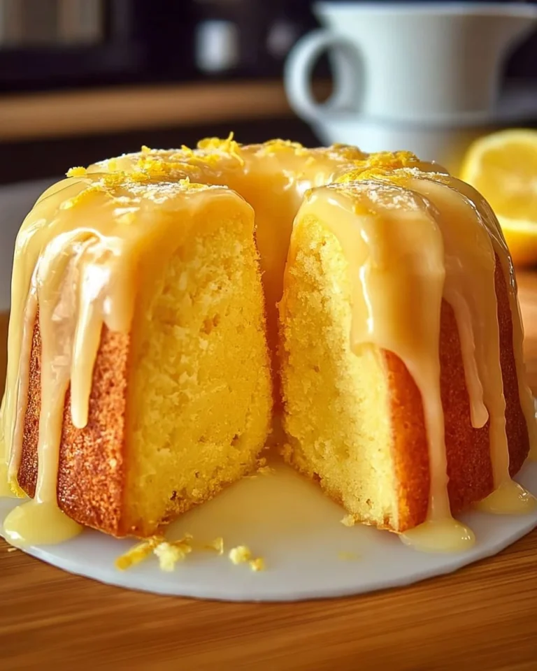 Delicious homemade lemon cake with a slice cut and lemon slices on top