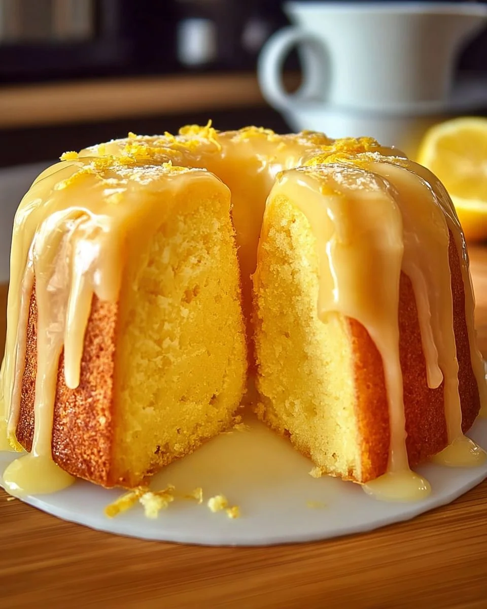 Delicious homemade lemon cake with a slice cut and lemon slices on top