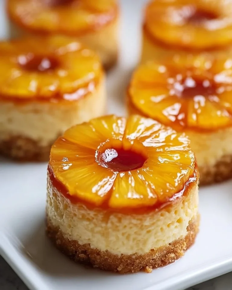 Mini Pineapple Upside-Down Cheesecakes topped with cherries and pineapple slices