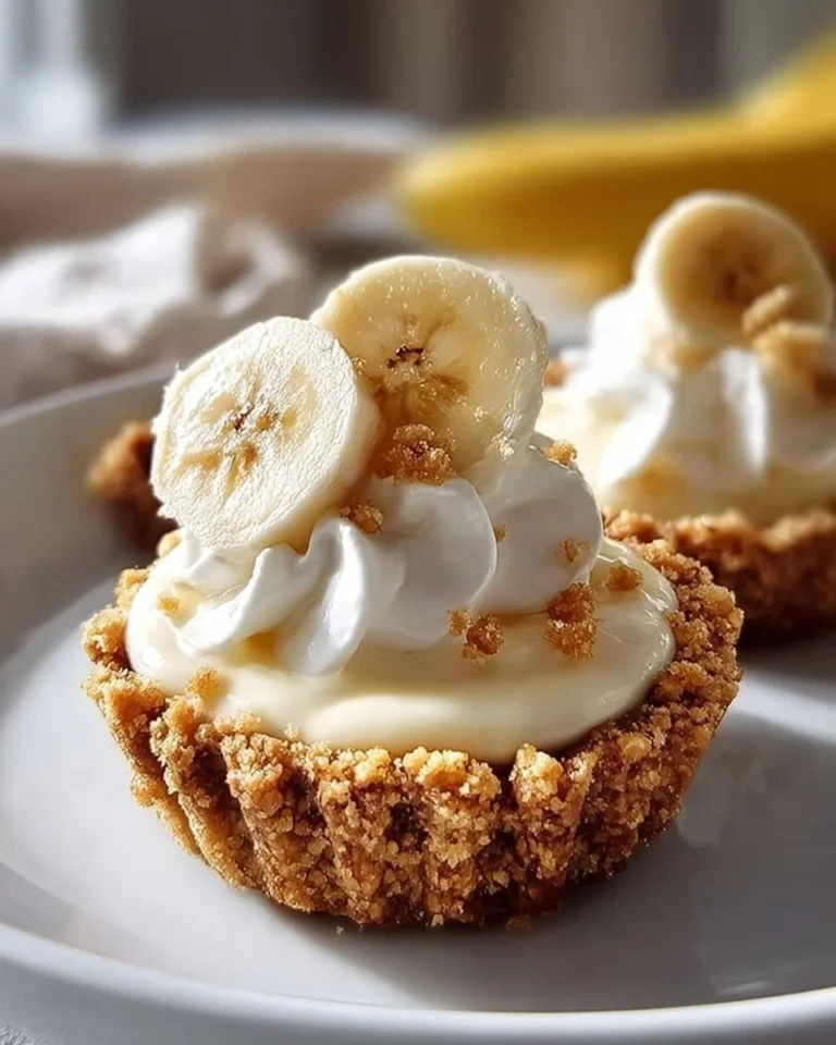 No bake mini banana cream pies topped with whipped cream and banana slices.