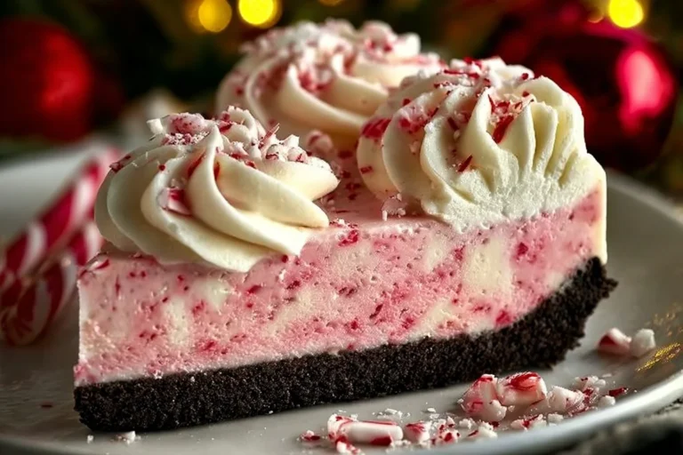 No-Bake Peppermint Cheesecake topped with mint leaves and chocolate drizzle.