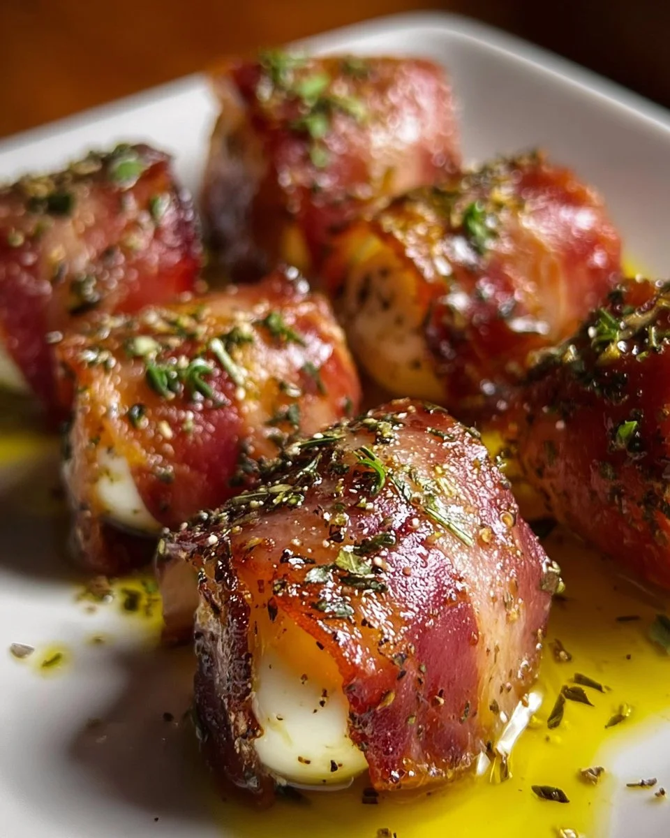 Prosciutto wrapped mozzarella bites served on a platter