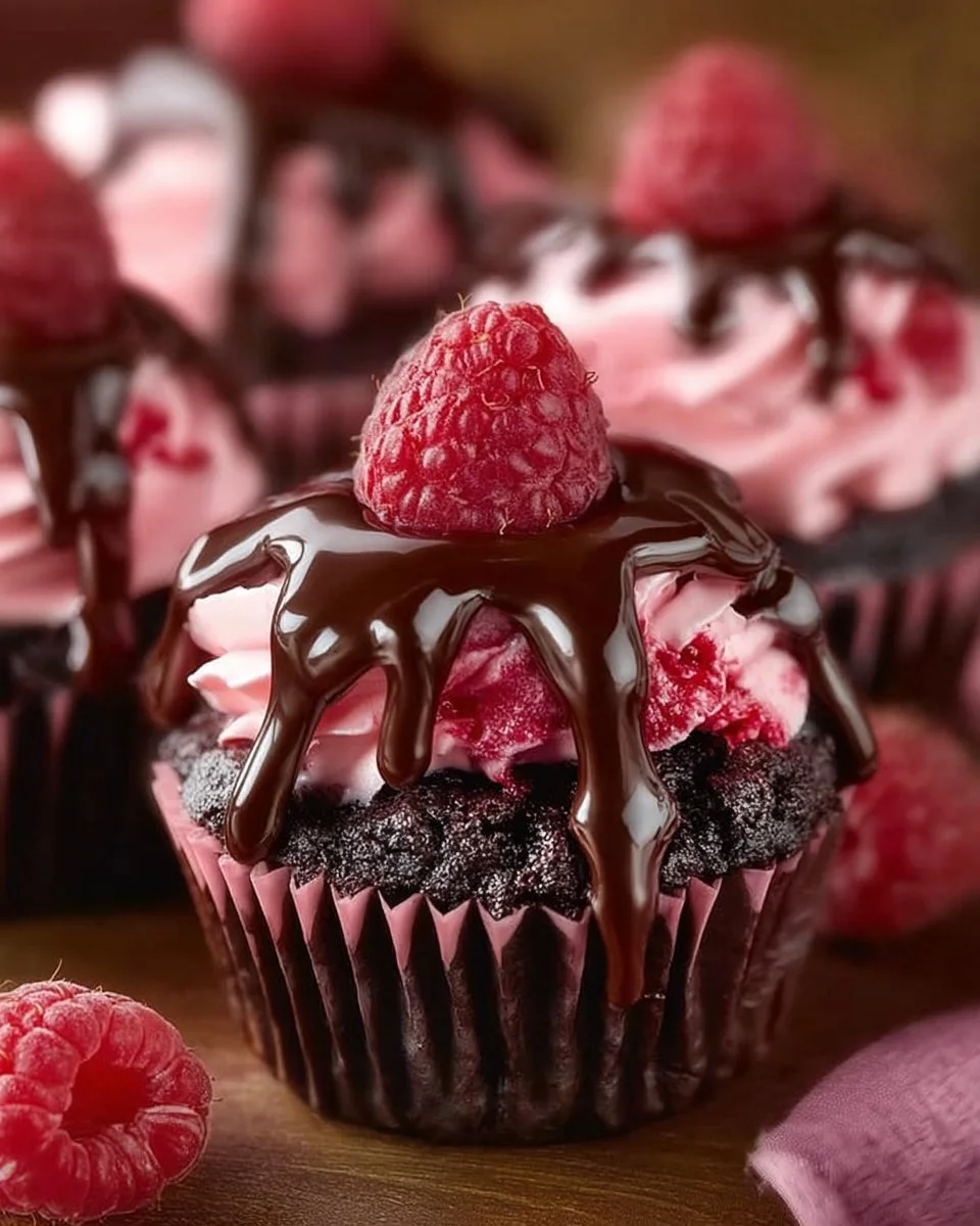 Raspberry Chocolate Lava Cupcakes with gooey chocolate filling and raspberry topping