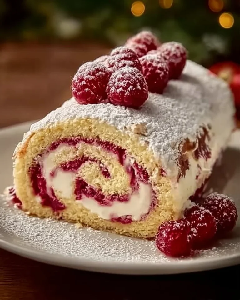 Raspberry Swirl Christmas Roll with festive decoration