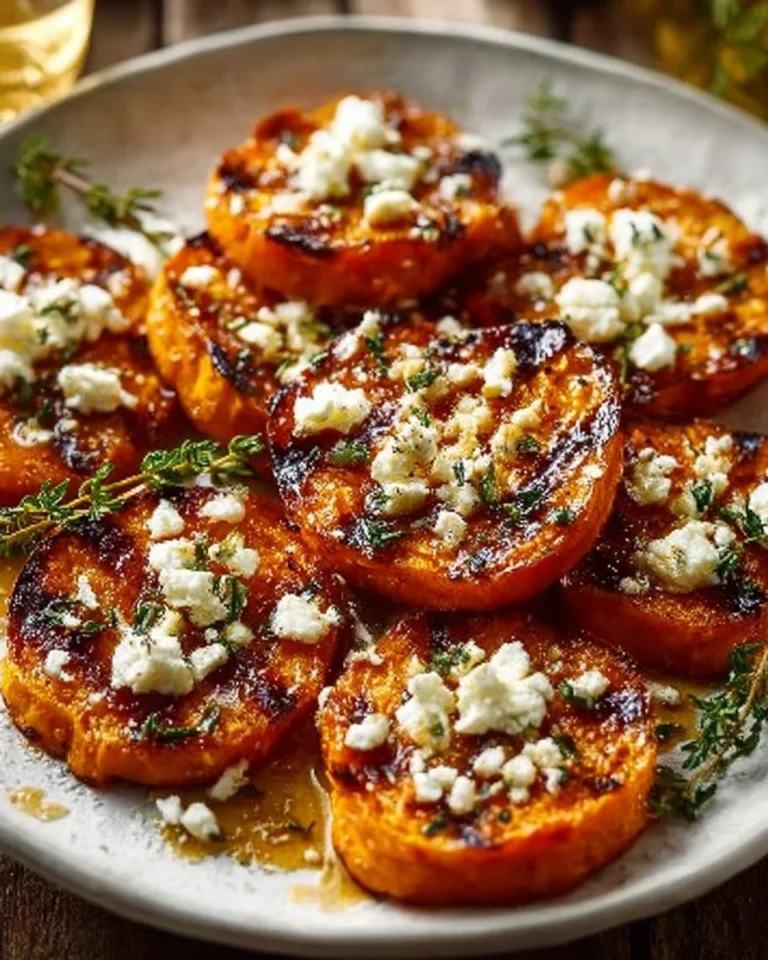 Roasted sweet potato rounds topped with honey and feta cheese