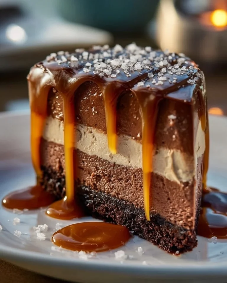 Salted caramel chocolate mousse cake topped with luscious caramel drizzle