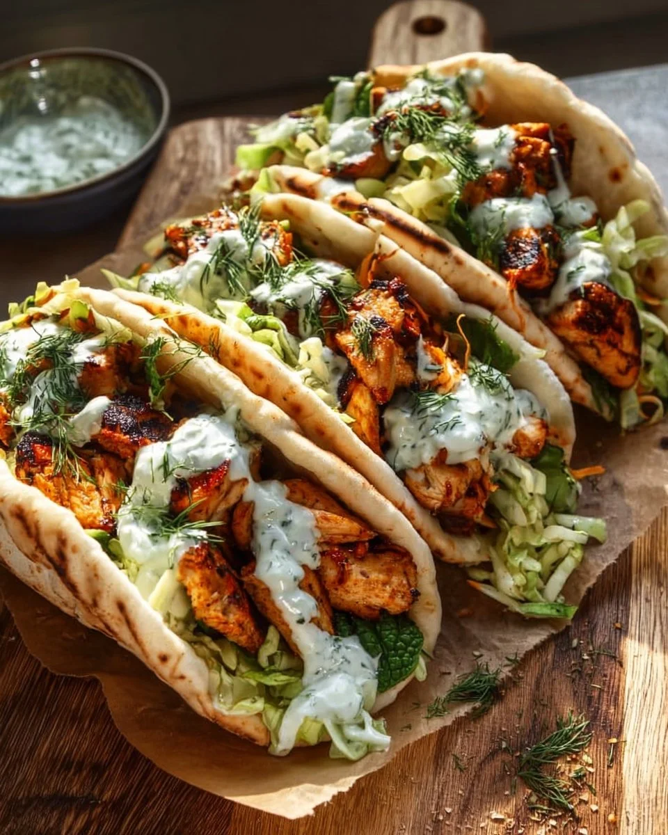 Delicious sheet pan chicken pitas drizzled with herby ranch dressing
