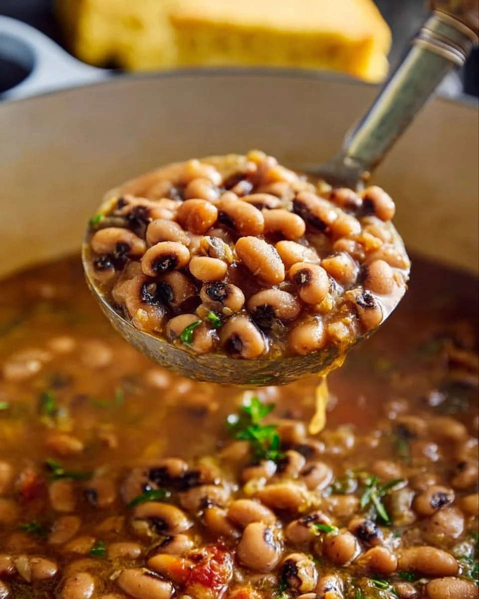 Delicious Southern Black Eyed Peas dish served with cornbread and greens