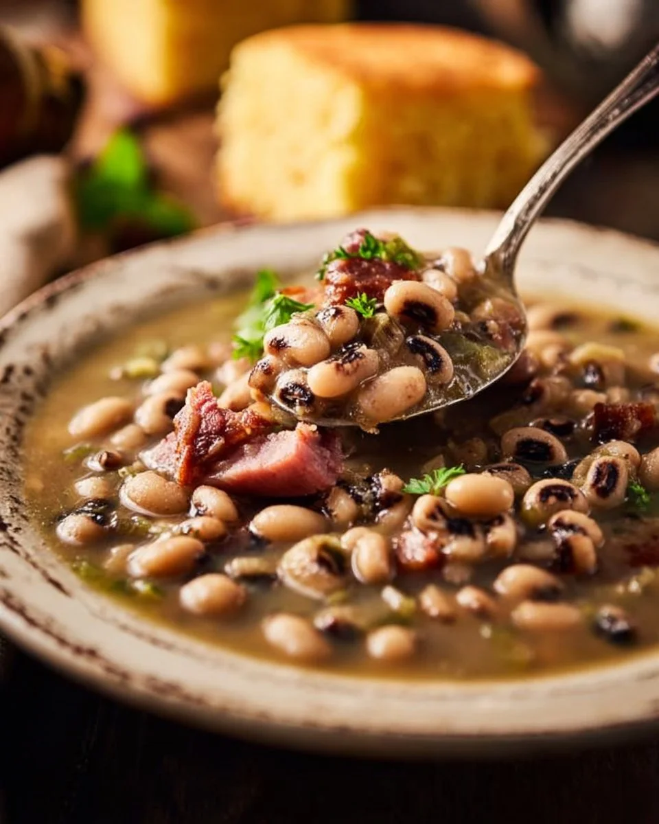 Delicious Southern Black Eyed Peas served in a bowl with herbs