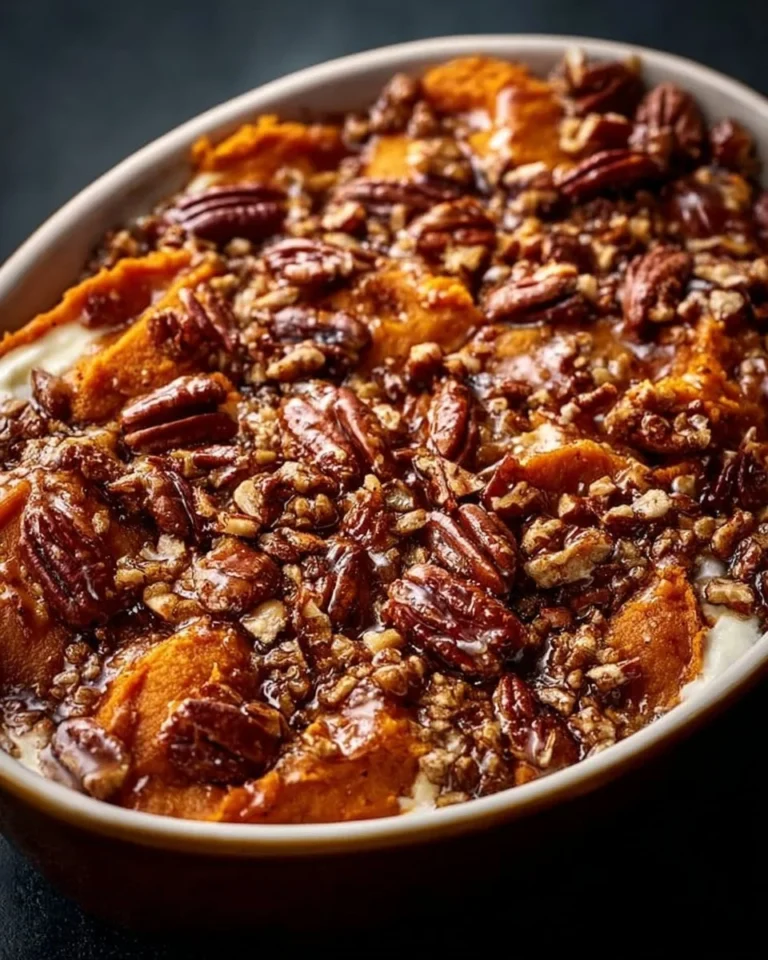 Southern Maple Sweet Potato Casserole topped with marshmallows and pecans
