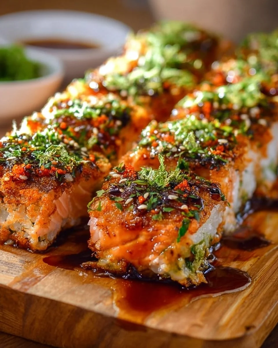 A delicious spicy salmon sushi bake, topped with avocado and sesame seeds.