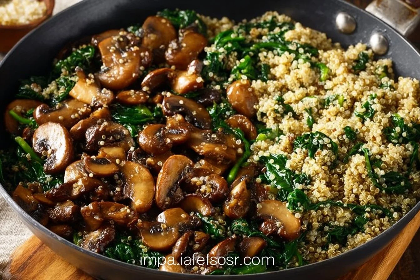 Spinach Mushroom Quinoa Skillet dish featuring vibrant spinach and mushrooms.