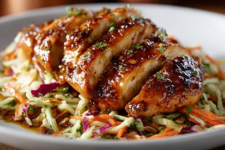 Delicious sticky apple cider chicken served with fresh autumn slaw