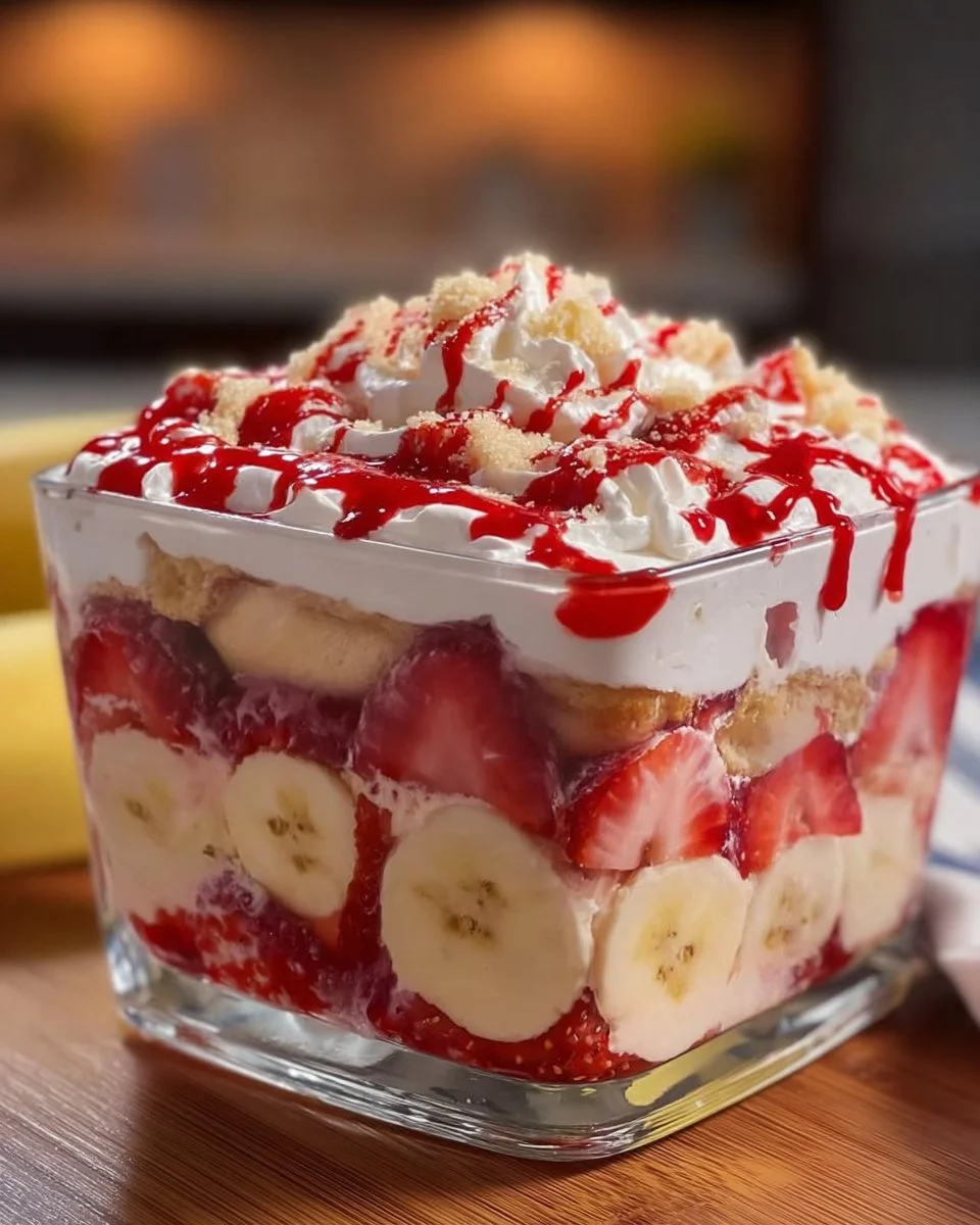 Delicious strawberry banana pudding served in a glass, topped with fresh fruit.
