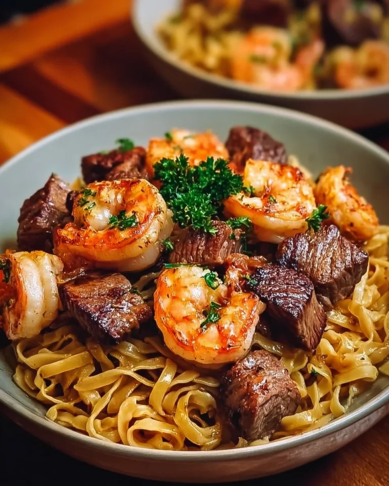 Delicious Surf & Turf Garlic Noodles topped with seafood and steak.