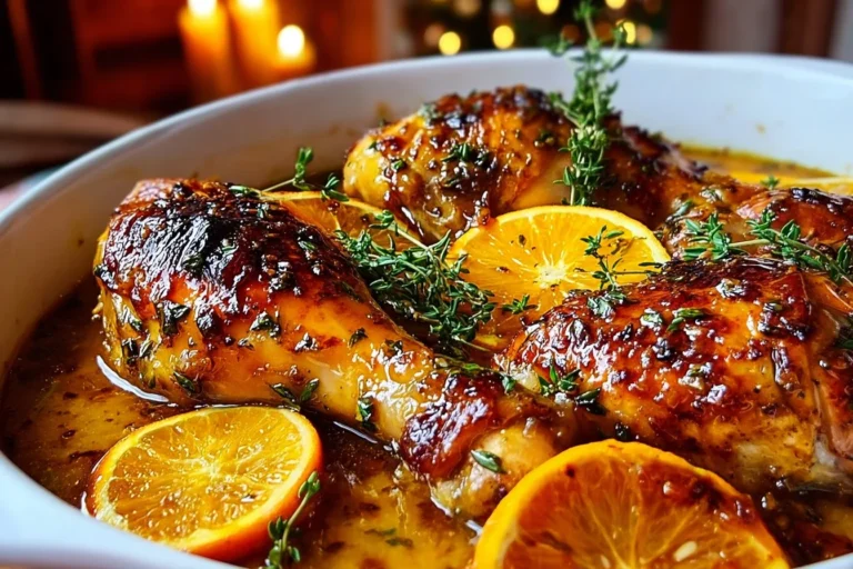 Flavorful roasted orange chicken garnished with fresh herbs and orange slices