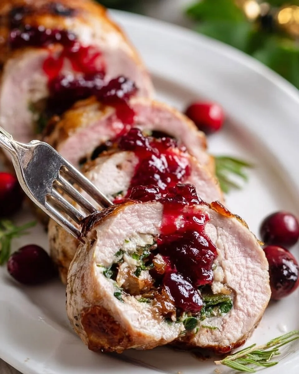 Tasty Christmas stuffed pork tenderloin with seasonal herbs and spices