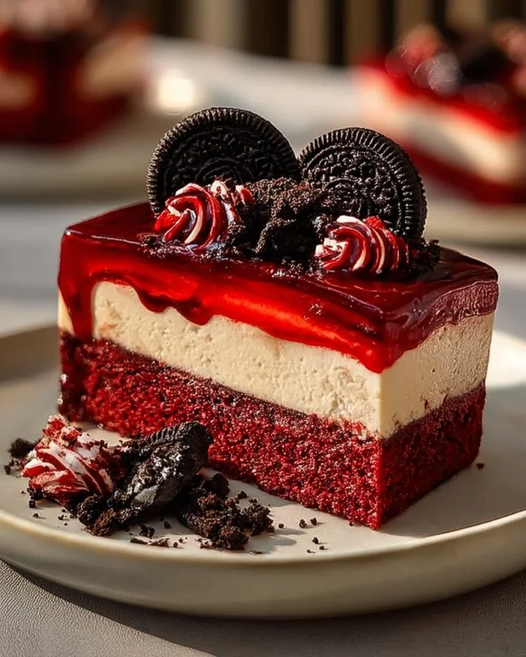 Decadent red velvet Oreo cheesecake slice on a plate