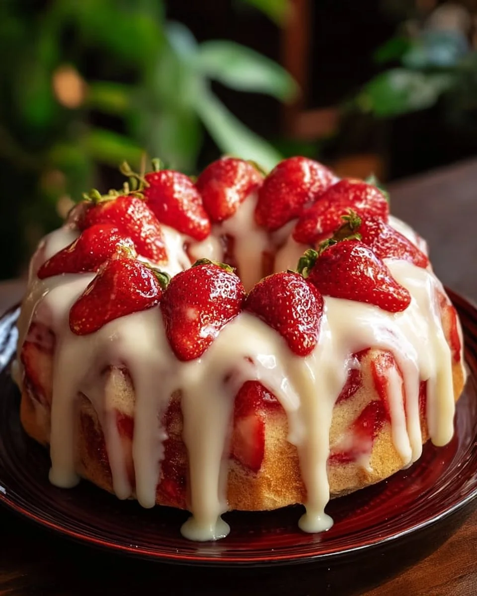 Slice of ultimate strawberry cream cheese pound cake garnished with fresh strawberries