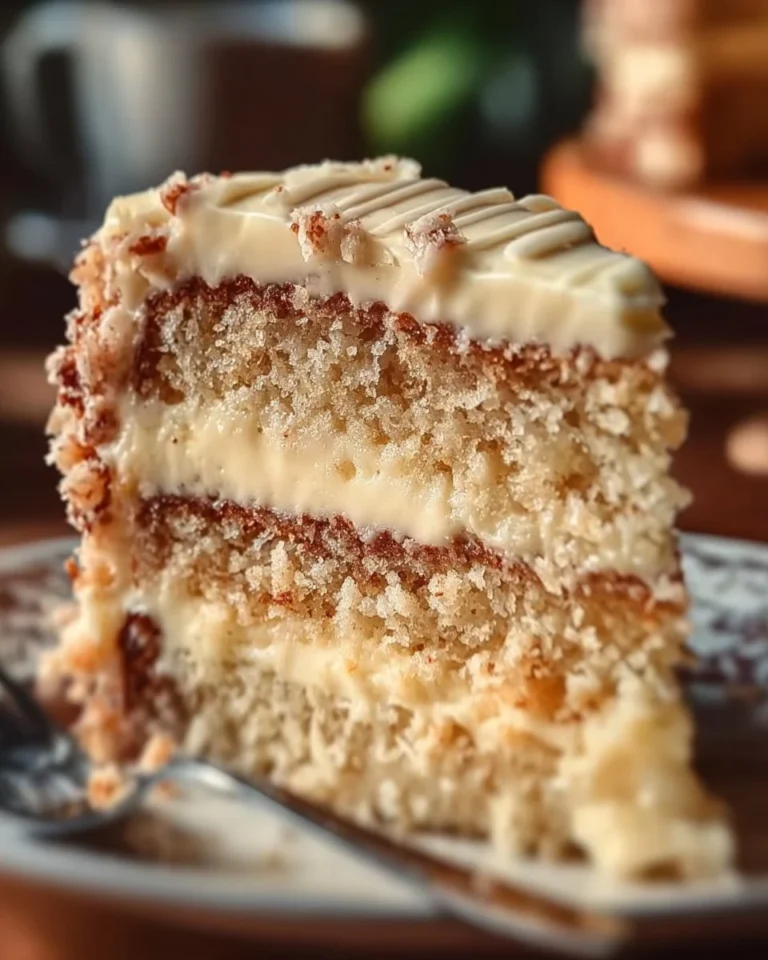 Slice of White German Chocolate Cake with coconut and pecan frosting