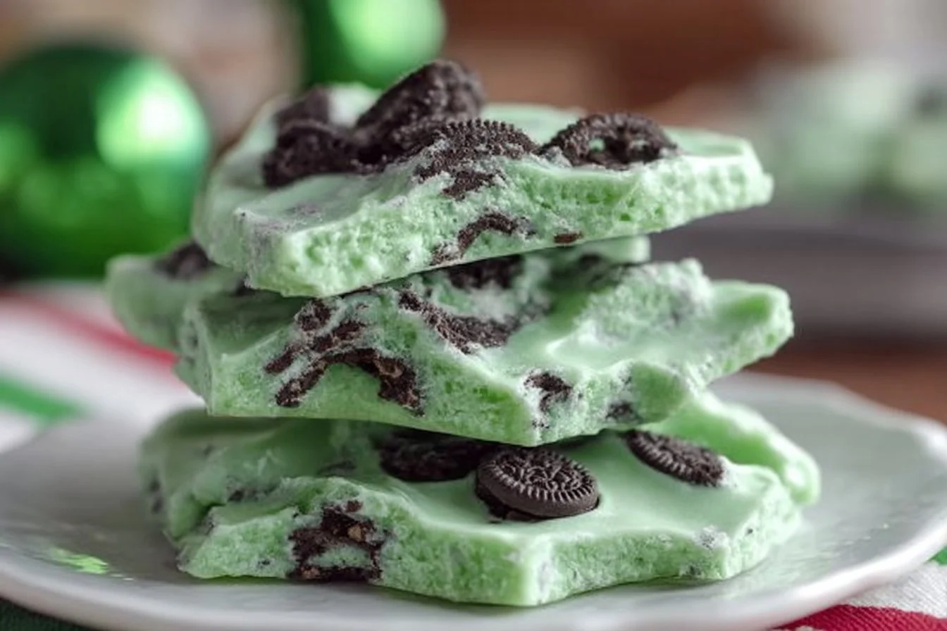 Homemade Mint Oreo Bark with crushed Oreos and chocolate for Christmas