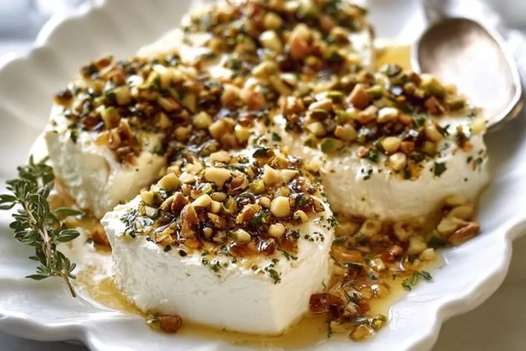 5-minute Boursin appetizer with pistachios and hot honey on a white platter