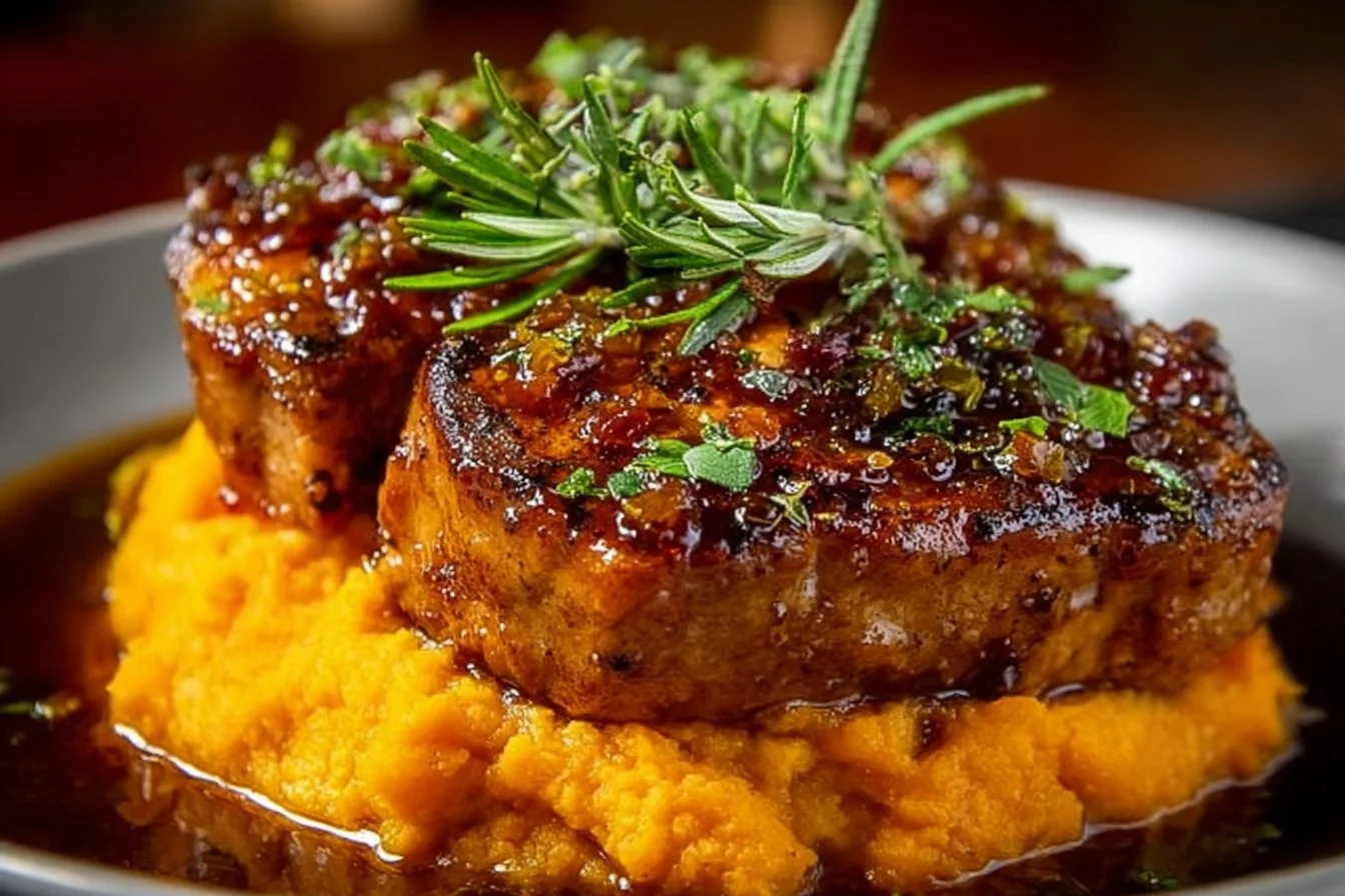 Succulent Apple Cider Pork served with creamy mashed sweet potatoes