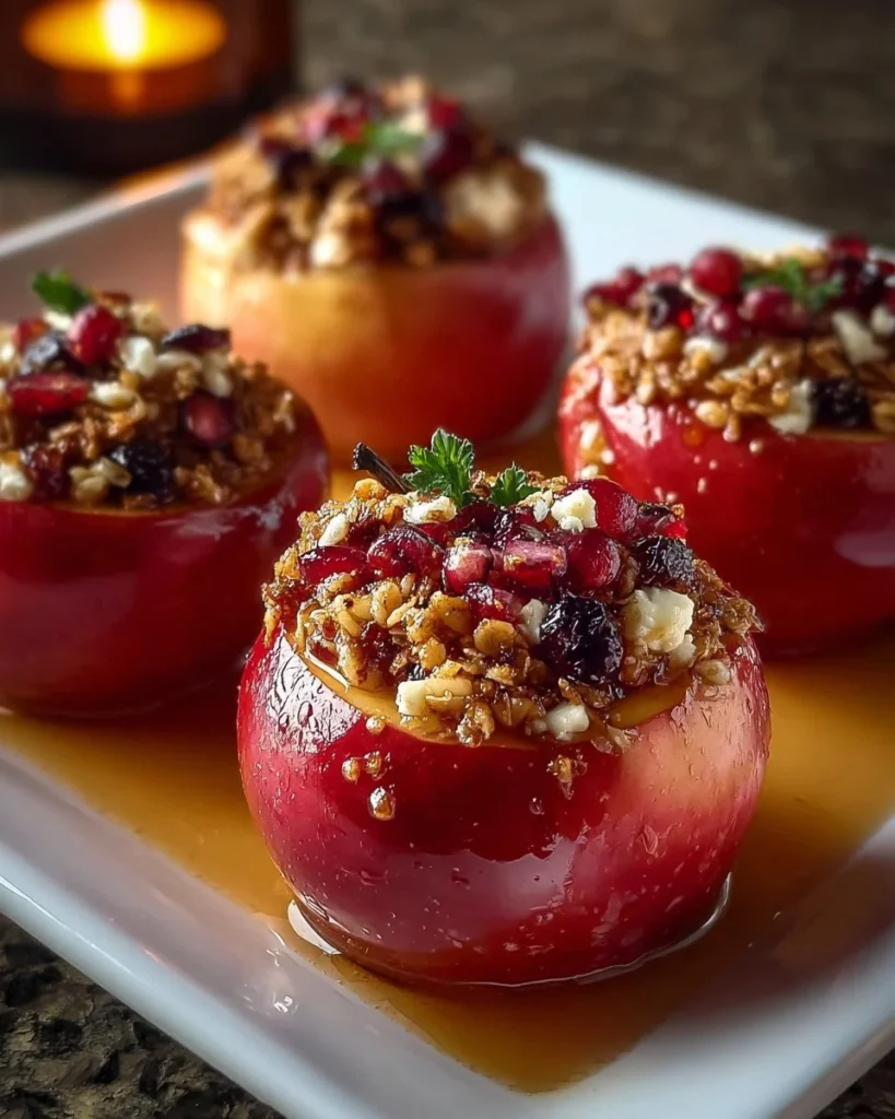 Baked apples stuffed with feta cheese, honey, and cranberries on a plate