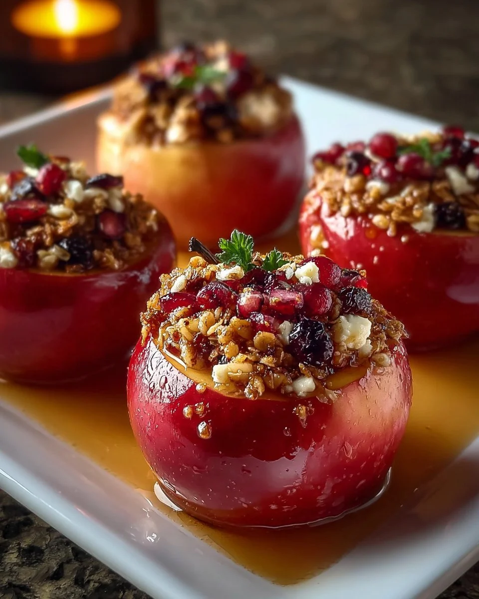 Baked apples stuffed with feta cheese, honey, and cranberries on a plate