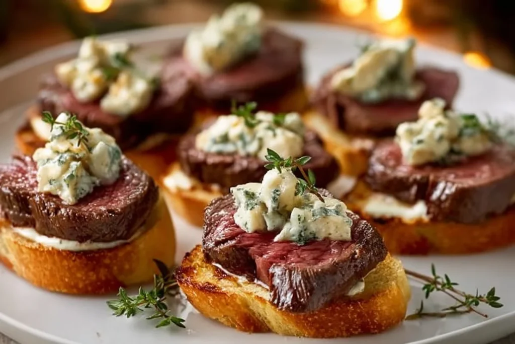 Beef tenderloin topped with gorgonzola served on crispy crostini.