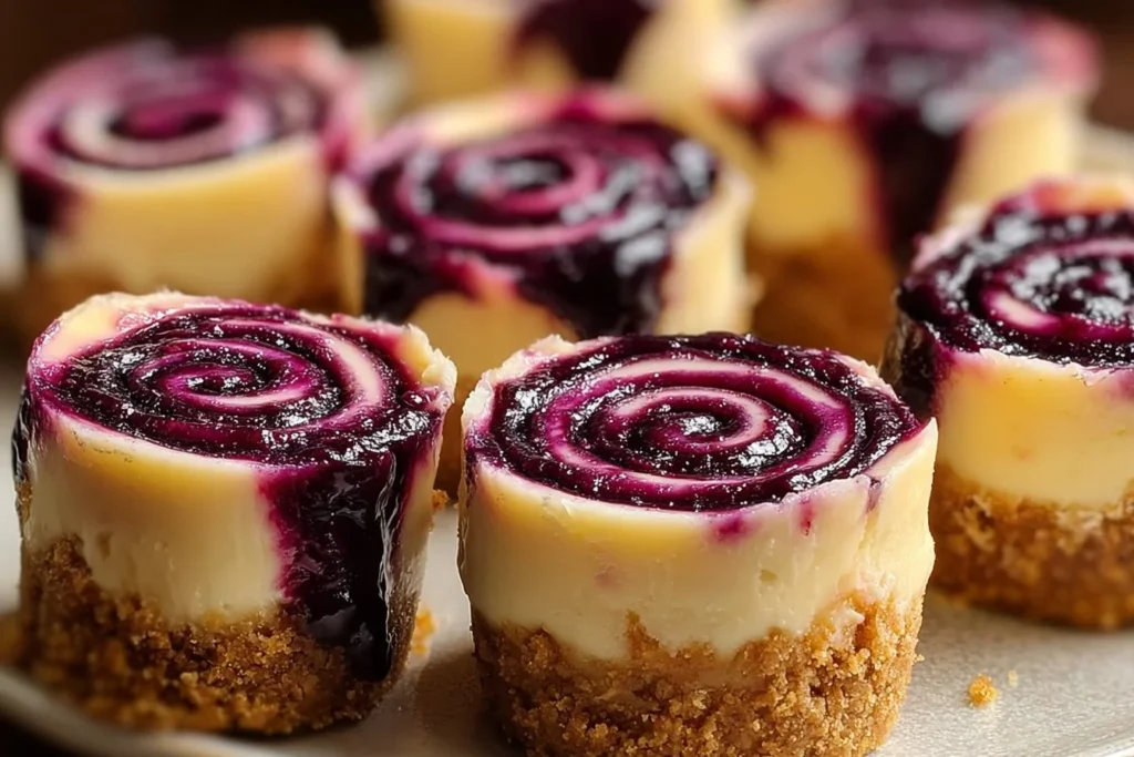 Delicious berry swirl cheesecake bites topped with fresh berries.