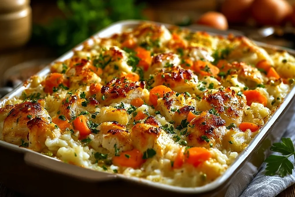 Delicious chicken and rice casserole served in a baking dish