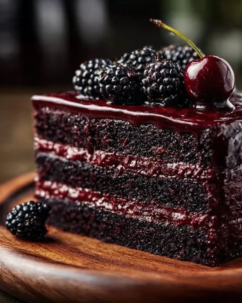 Delicious black velvet cake with blackberry compote topping