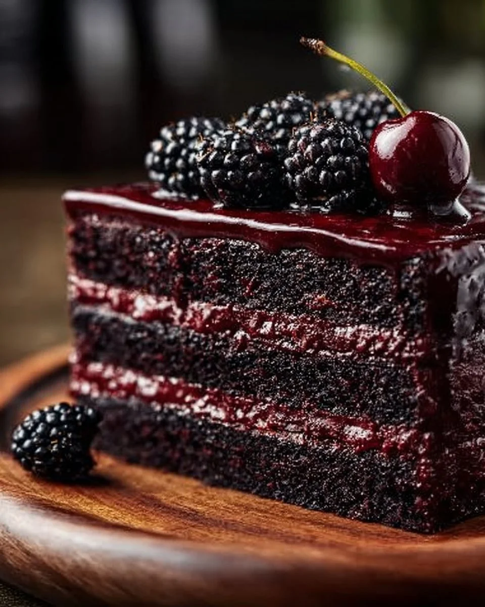 Delicious black velvet cake with blackberry compote topping