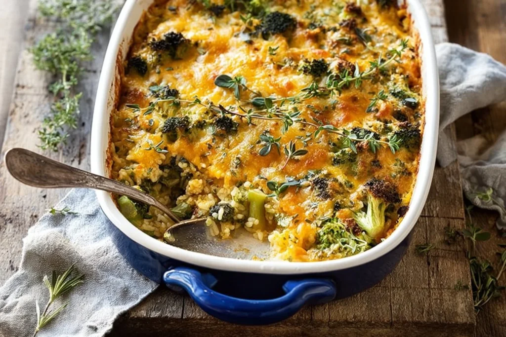 Broccoli cheddar casserole with chicken and rice in a baking dish