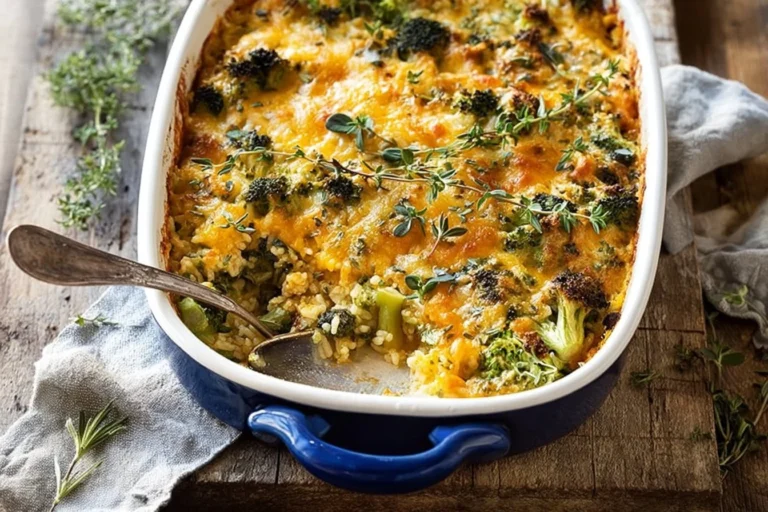 Broccoli cheddar casserole with chicken and rice in a baking dish