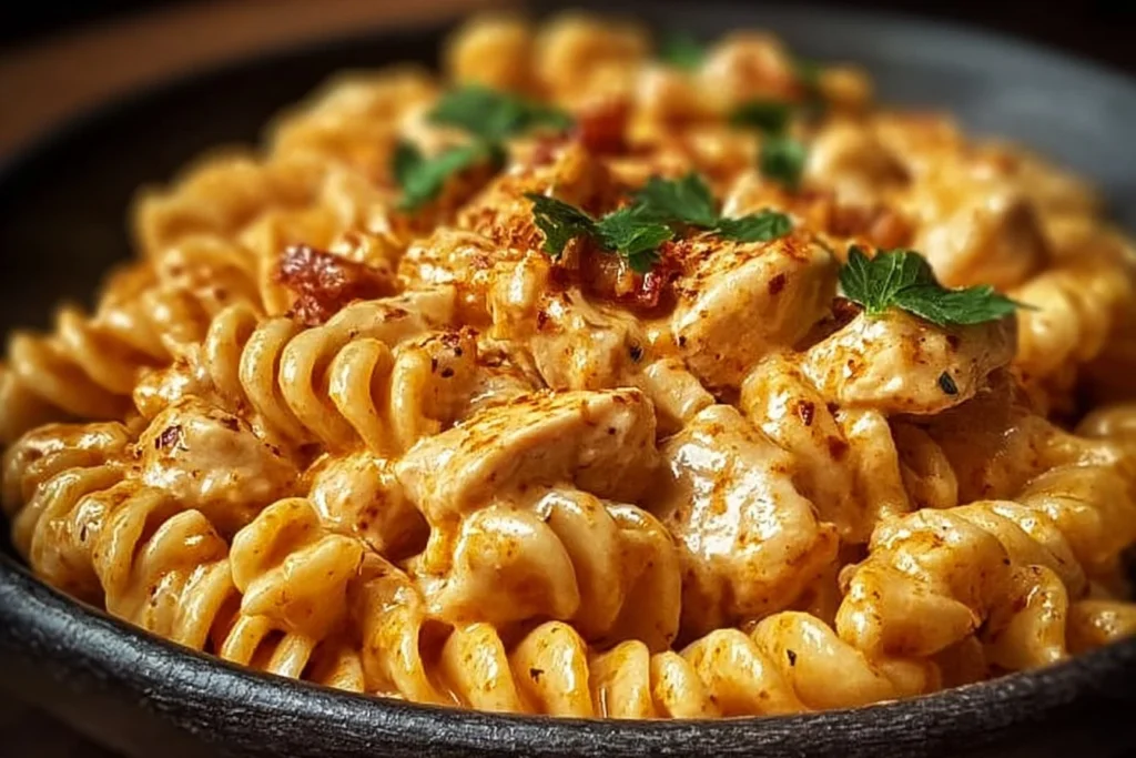 Cajun Cream Cheese Chicken Pasta Bake with colorful ingredients in a baking dish