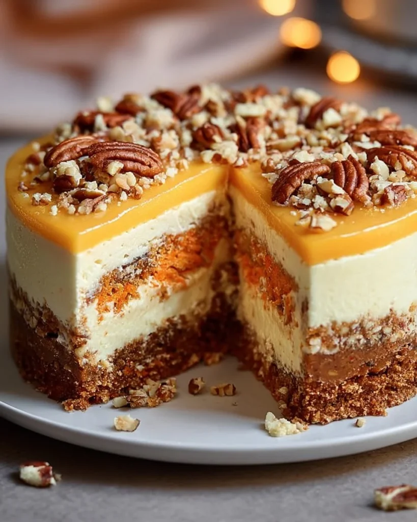 Moist carrot cake with cream cheese frosting and decorative carrots.