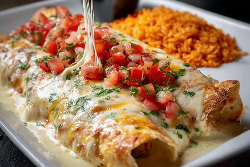 Cheese chicken enchiladas topped with melted cheese and fresh ingredients.