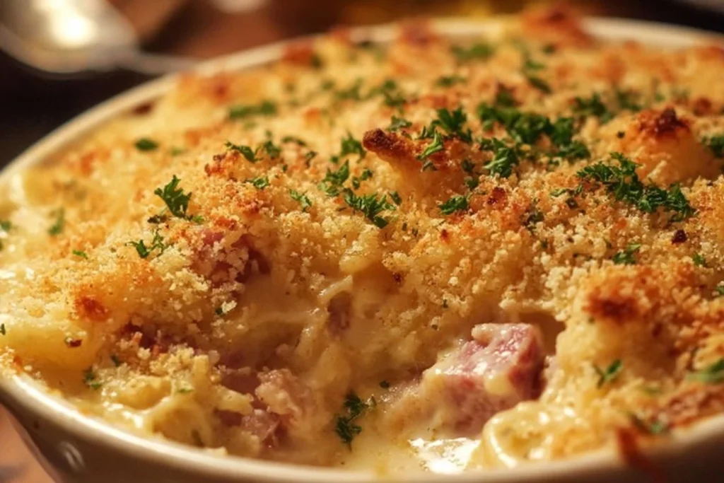 Delicious Chicken Cordon Bleu Casserole topped with melted cheese and ham