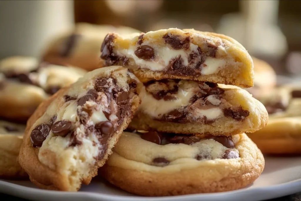 Chocolate Chip Cheesecake Cookies on a plate with chocolate chips