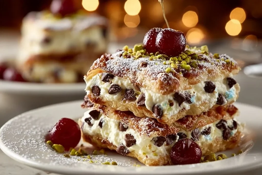 Delicious Classic Cannoli Squares with creamy filling and chocolate chips.
