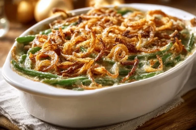 Baked classic green bean casserole with crispy onion topping in a dish