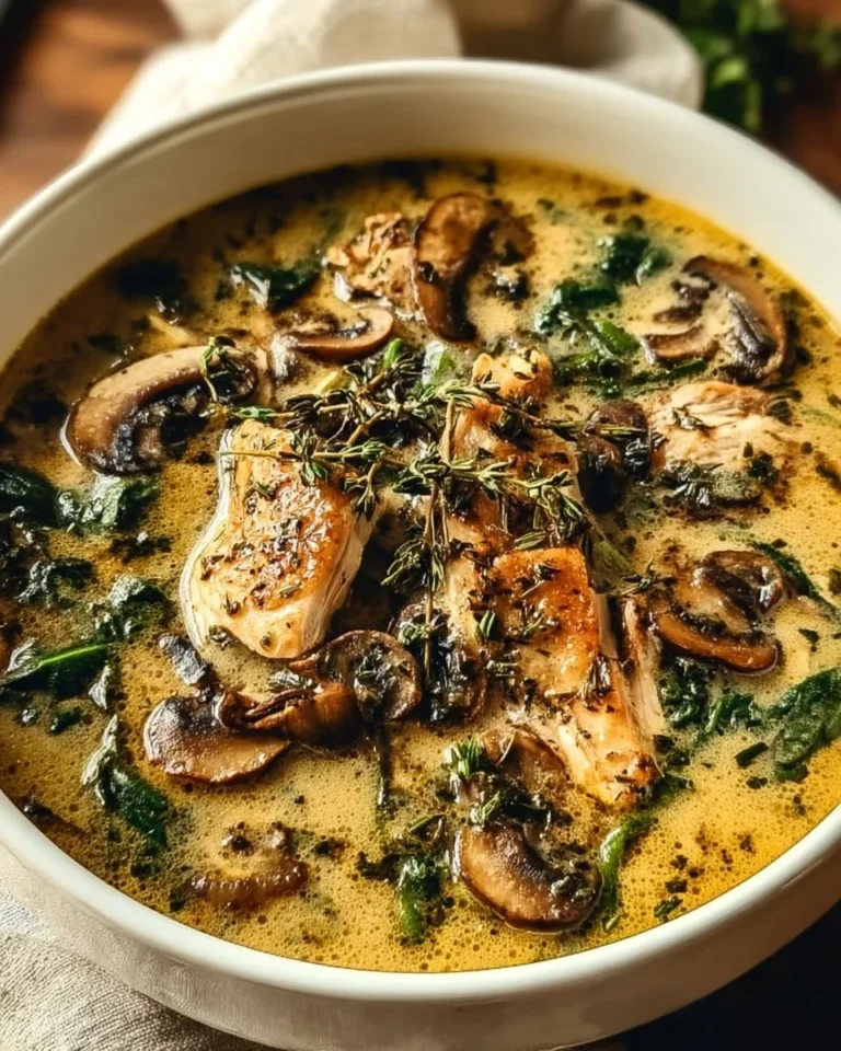 Bowl of Clean Chicken Mushroom Soup with fresh ingredients