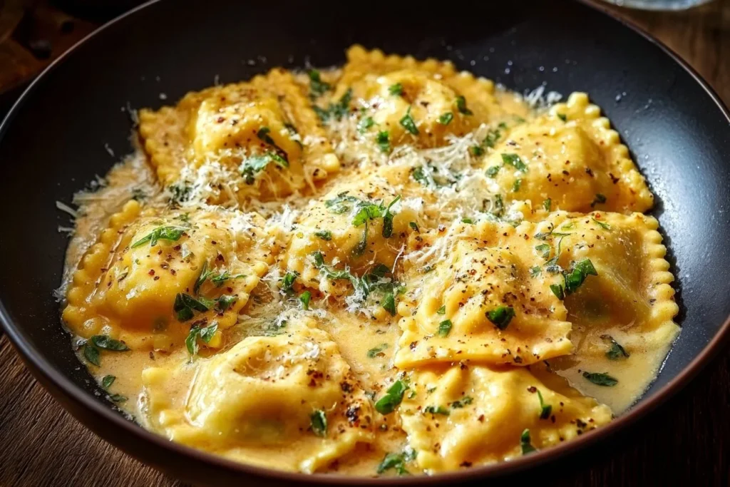 Creamy ravioli sauce served over fresh ravioli, garnished with herbs