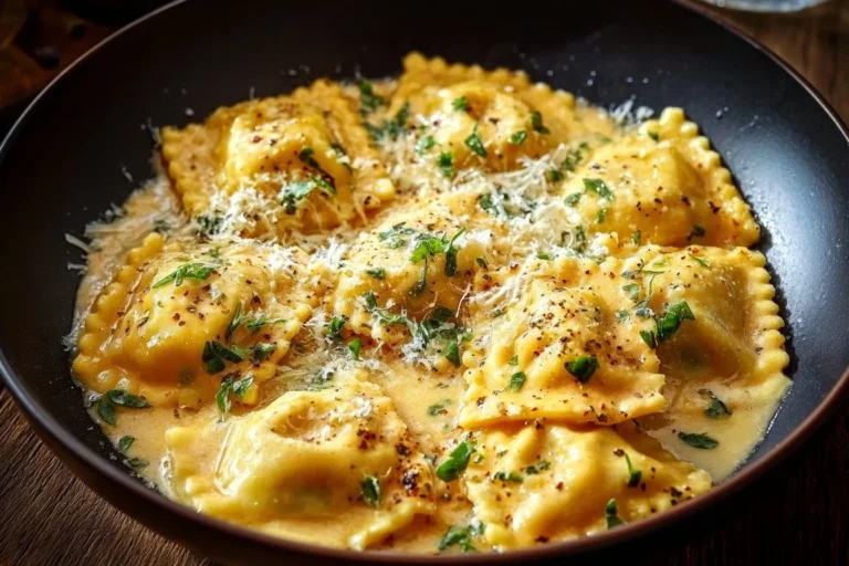 Creamy ravioli sauce served over fresh ravioli, garnished with herbs