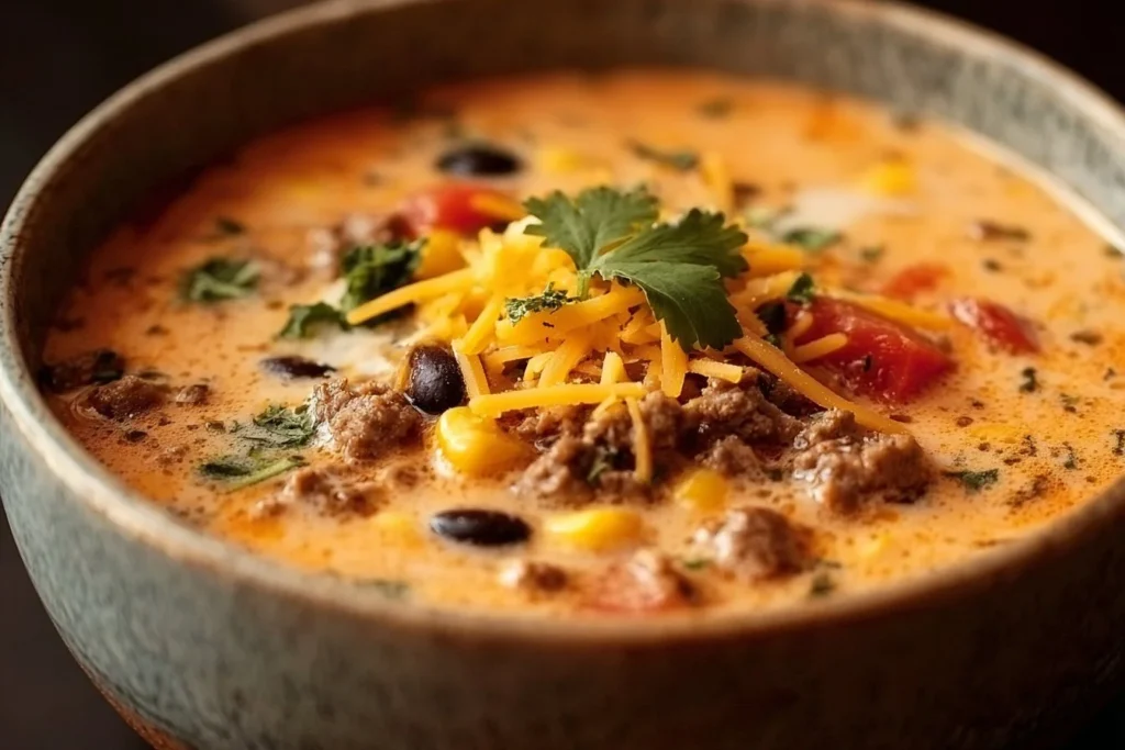 Delicious creamy cowboy soup served in a bowl with garnishes