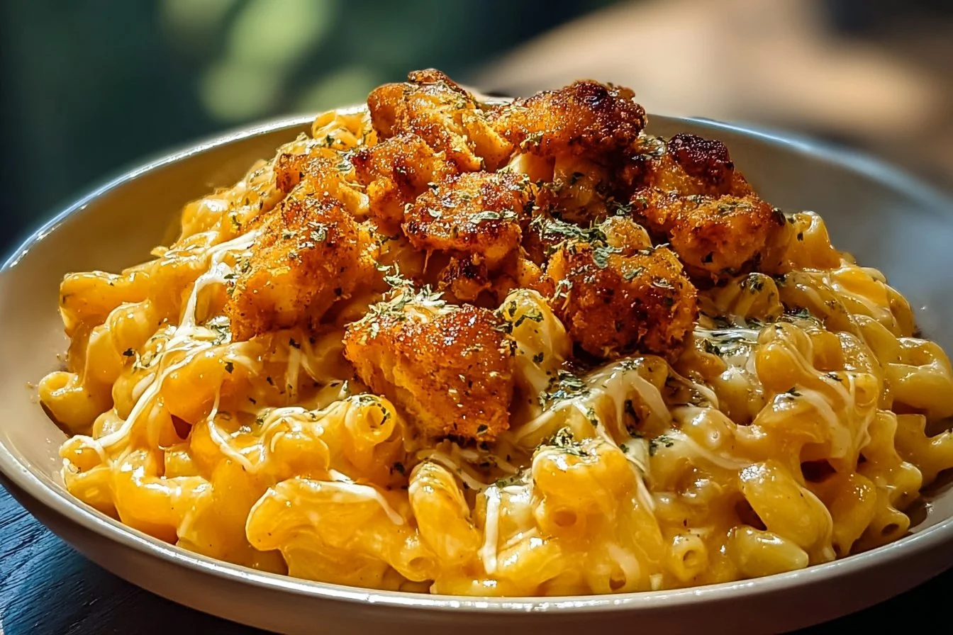 Creamy Honey Pepper Chicken Mac and Cheese in a bowl, garnished with herbs.