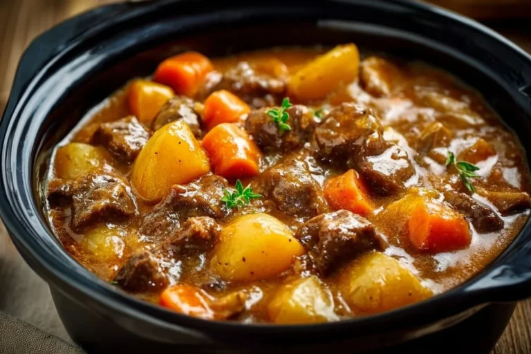 Delicious crock pot beef stew simmering in a bowl with vegetables and herbs