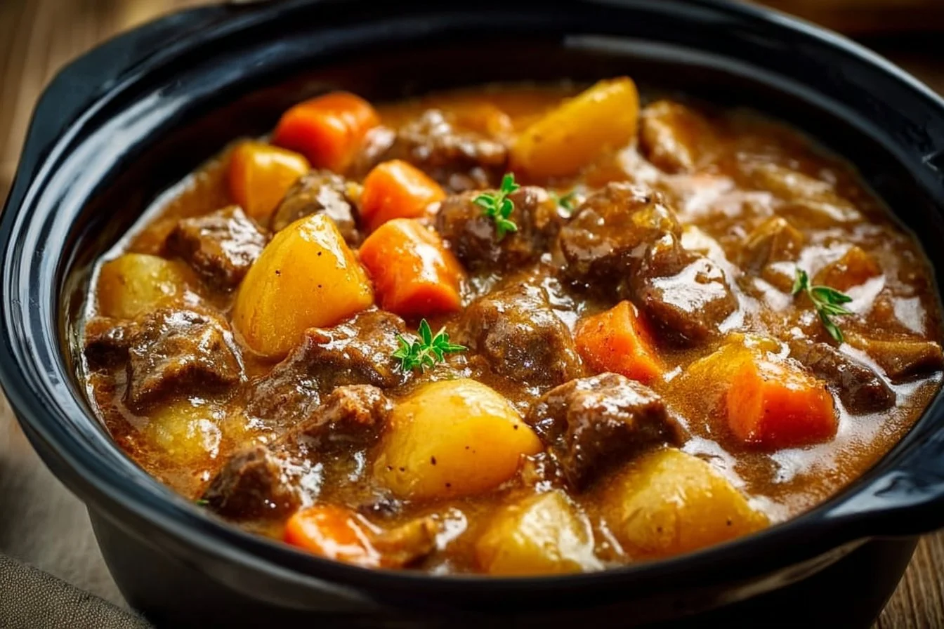Delicious crock pot beef stew simmering in a bowl with vegetables and herbs